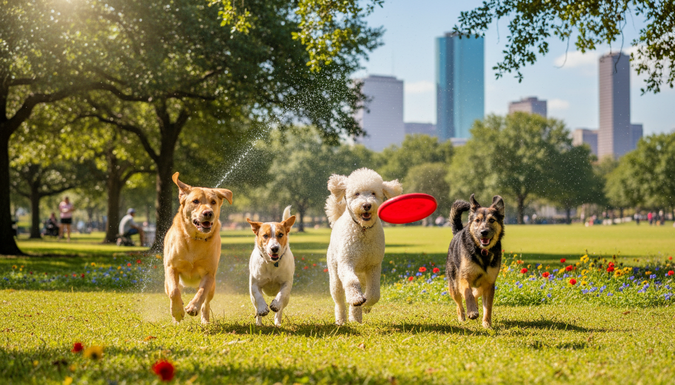 Happy dogs playing in park