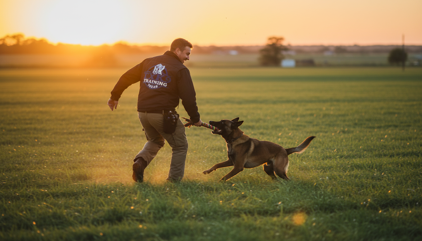 Trainer with happy dog in field